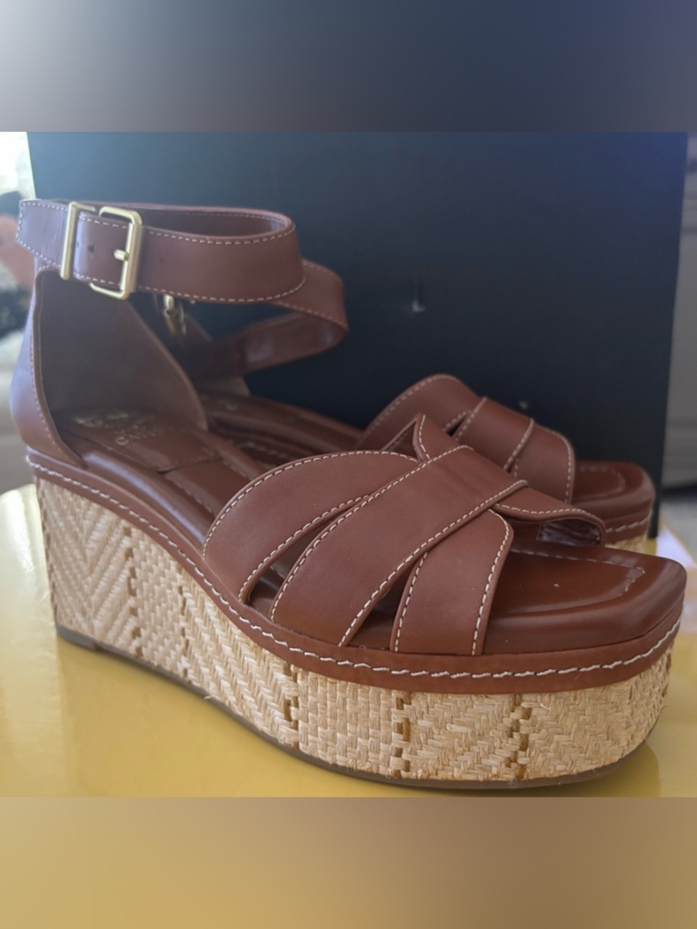 Vince Camuto Brown Woven Platform Wedge Sandals with Ankle Strap